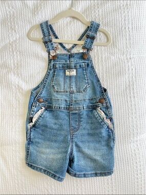 OshKosh B'gosh Light Wash Denim Short Overalls with Floral Trim